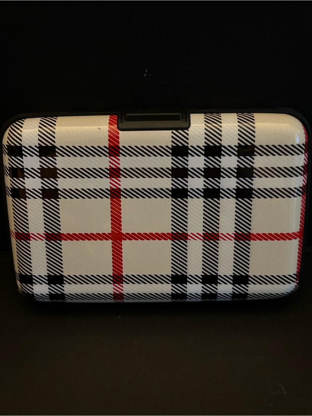 Unisex Hard Shell Plaid Card Wallet - White/Black/Red Brand New w/Secure Close